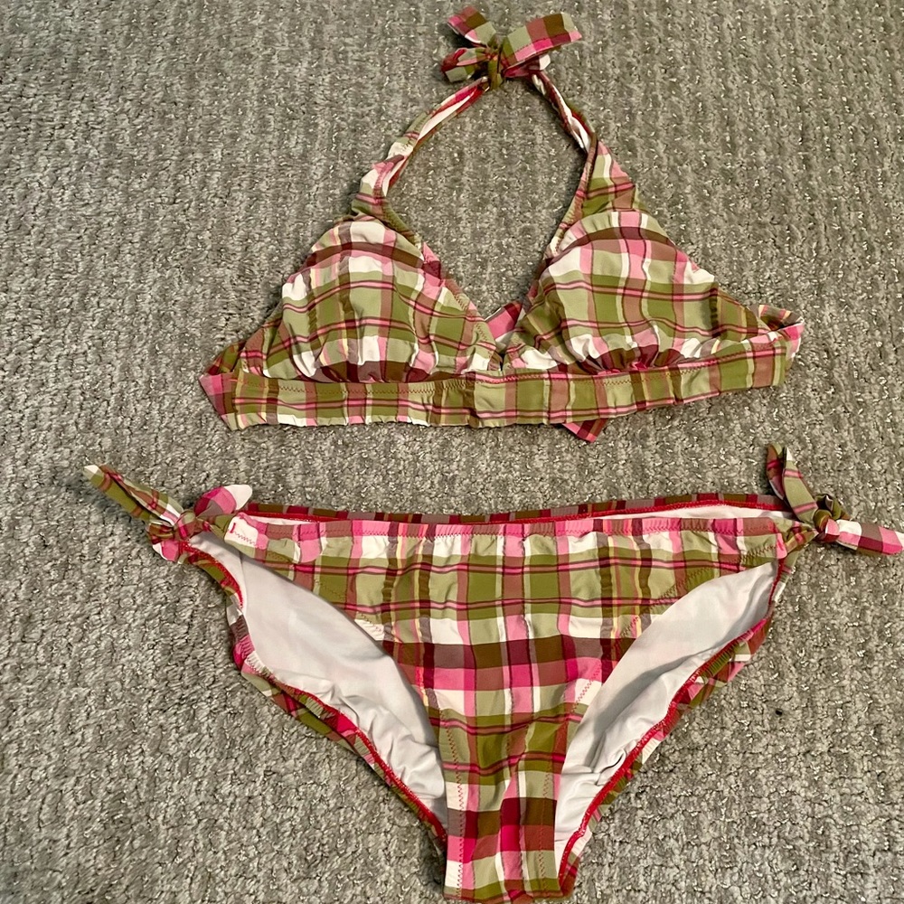 JCrew Green and Pink Plaid Bikini size Large